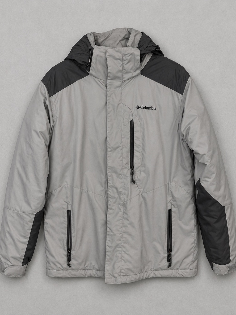 Columbia Mens Medium Grey Black Colorblock Hooded Winter Waterproof Jacket